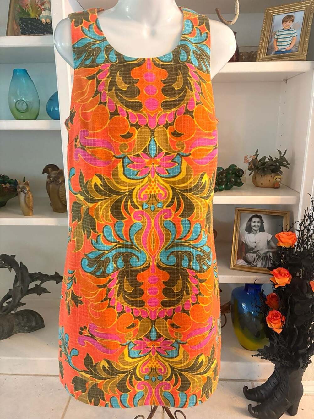 Julie Brown Shift Dress Size 6 Orange Multi Floral Sleeveless Retro